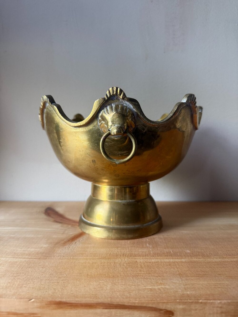 Vintage Brass Lion Head Pedestal Bowl | Scalloped Monteith Centerpiece